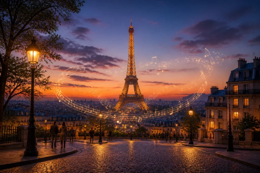 Tour eiffel et notes de musique au crepuscule