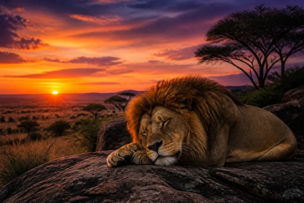 Lion endormi au coucher du soleil africain