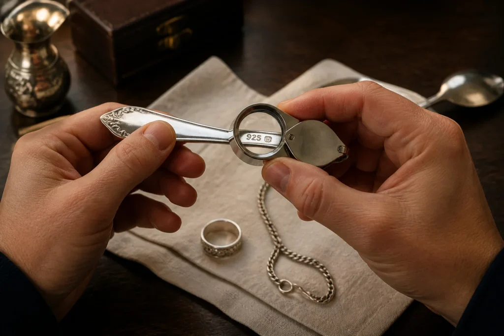 Examination dun objet en argent avec loupe