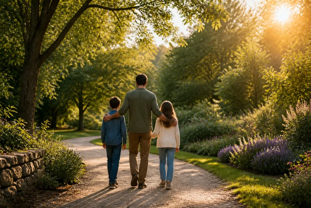 Promenade en famille au soleil couchant