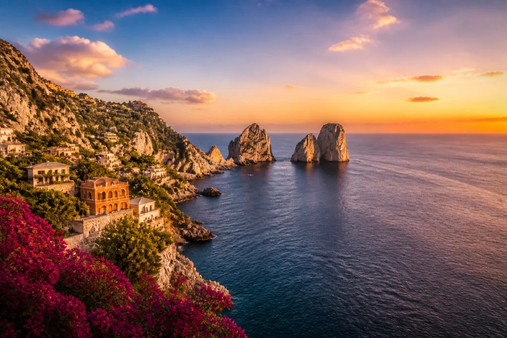 Coucher de soleil sur les faraglioni de capri