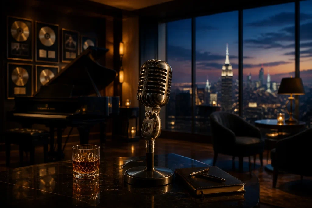 Microphone vintage et piano ambiance feutree