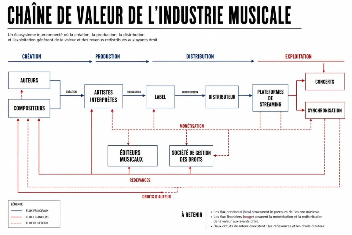 Chaîne de valeur de l’industrie musicale avec les principaux acteurs et flux de revenus