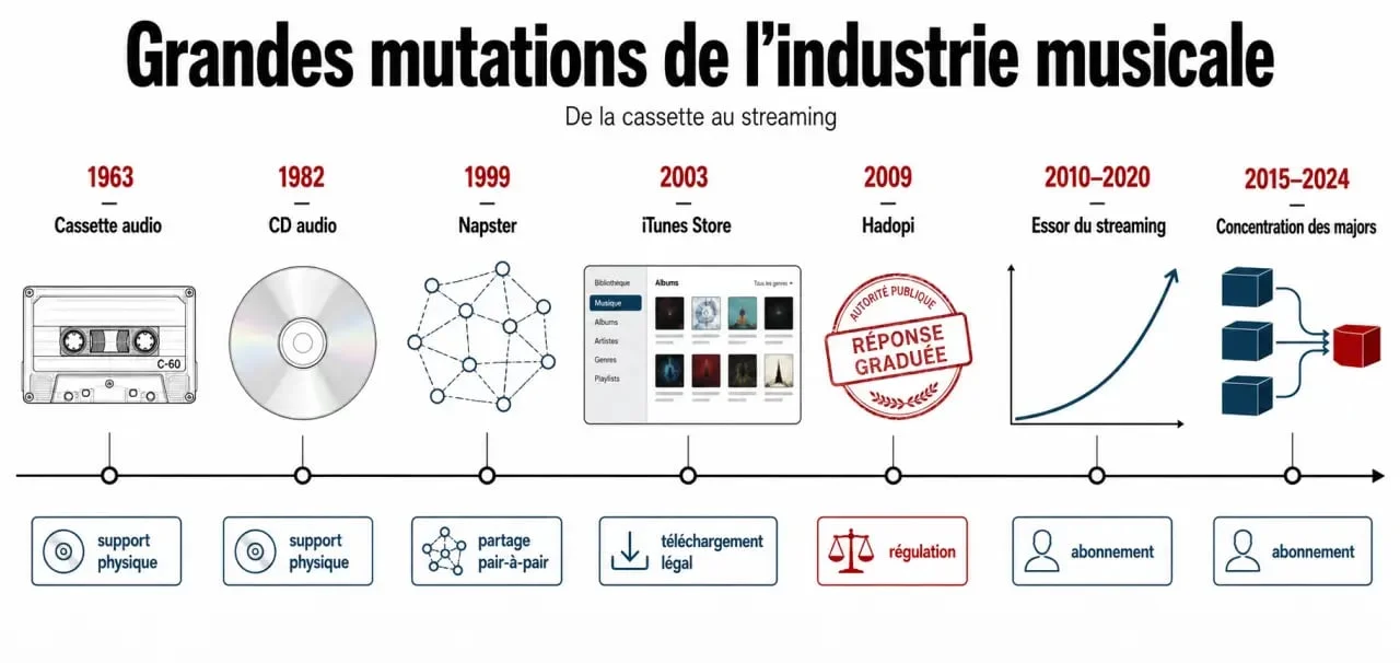 Frise chronologique de l’industrie musicale montrant ses grandes dates et mutations