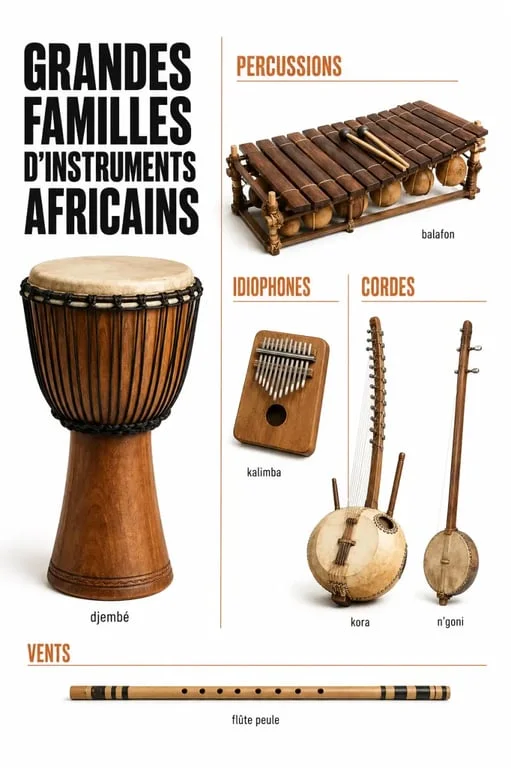 Instruments africains présentés par familles avec djembé, balafon, kora, n’goni, kalimba et flûte peule